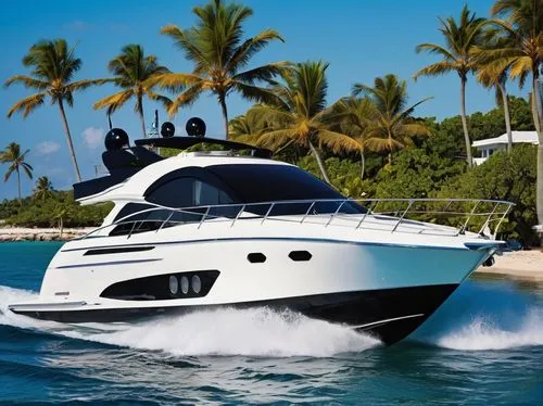 Speedboat, luxurious yacht, white sleek hull, chrome accents, curved windshield, black leather seats, wooden trim interior, navigation system, dashboard instruments, steering wheel, throttle lever, wa