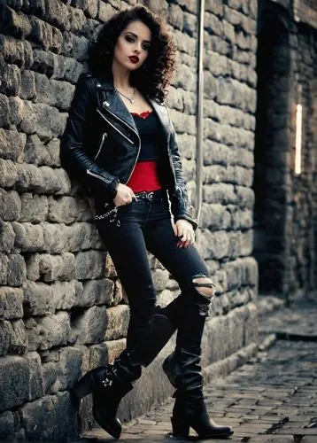 leather jacket,leather boots,leather,fashion shoot,black leather,rockabilly style,gothic woman,femme fatale,brick wall background,ankle boots,gothic fashion,neha,alleyway,retro woman,rock beauty,goth woman,female model,photo session in torn clothes,young model istanbul,leather texture,Illustration,Black and White,Black and White 33