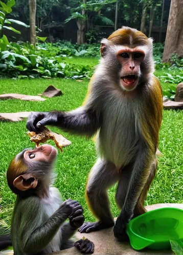 Generate amusing pictures of monkeys playing pranks on zookeepers during feeding time.,crab-eating macaque,primates,monkey family,monkeys band,monkeys,great apes,orang utan,belize zoo,children playing