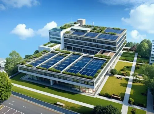 现代医院建筑，玻璃幕墙，屋顶绿化,a large office building with solar panels on top of it,solar cell base,solar photovoltaic,solar power plant,photovoltaic system,photovoltaic cells,solar panels,Photography,General,Rea