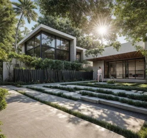 DISEÑO DEL EXTERIOR DE UNA CASA ESTILO MINIMALISTA, CON UN ACCESO CON PAVIMENTO DE CONCRETO, UNA JARDINERA   A LO LARGO DEL MURO DE ACCESO CON PLANTAS DE FORMIO, ACCESO CON PORTON  A BASE DE ALUMINIO 