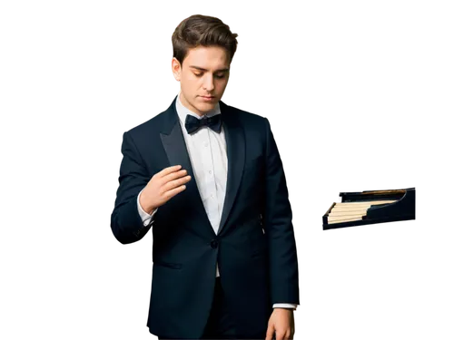 A lonely pianist, melancholic expression, solo, spotlight on hands, grand piano, black tuxedo, white shirt, black bow tie, dimly lit concert hall, soft focus, cinematic lighting, shallow depth of fiel