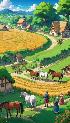 Medieval vegetation scene with horses, a village and inhabitants planting wheat.,agricultural scene,farm background,yamada's rice fields,farm landscape,agricultural,bucolic,studio ghibli,gintama,rural