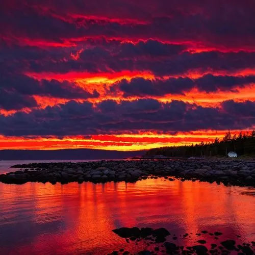 red sunset at york harbor maine,bright red sunset with clouds reflecting off the water,lake superior,bar harbor,maine,red sky,sakonnet,kennebunk,Photography,Documentary Photography,Documentary Photogr