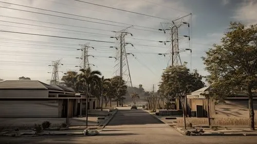 zombie land,powerlines,fallout4,power lines,district 9,suburb,post-apocalyptic landscape,suburbs,power line,telephone poles,human settlement,electrical grid,rosewood,fallout,neighborhood,ghost town,po