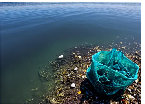 Ocean pollution scene, plastic waste, dead fish, oil spill, polluted seawater, broken coral reef, abandoned fishing net, trash floating on surface, sunny day, dramatic lighting, high contrast, 3/4 com