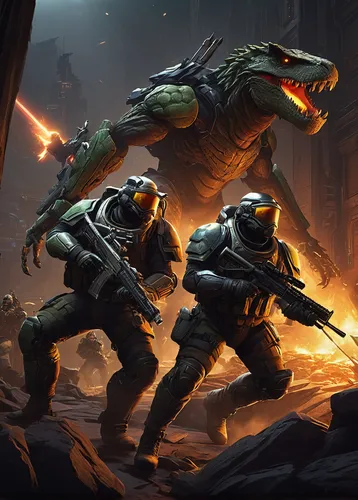 game illustration,massively multiplayer online role-playing game,patrol,game art,cg artwork,storm troops,skirmish,patrols,guards of the canyon,outbreak,sci fiction illustration,assault,military raptor,infiltrator,concept art,wall,raptor,reptillian,battle gaming,infantry,Illustration,Realistic Fantasy,Realistic Fantasy 32