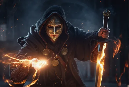 a magician wearing a hood, his face is in the dark not visible, holding a sword in one hand and casting a spell with the other hand,grimm reaper,flickering flame,hooded man,dodge warlock,undead warloc