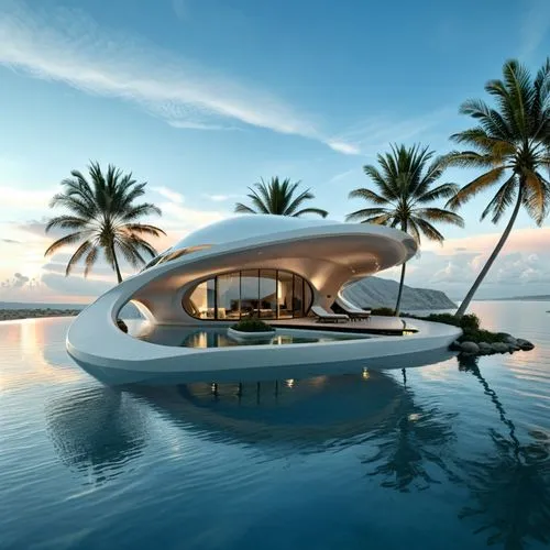 an island style house is floating in the ocean,infinity swimming pool,futuristic architecture,pool house,luxury property,holiday villa,floating island,Photography,General,Realistic