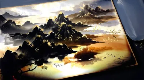 painting on a tray with sky and mountains in it,autumn frame,watercolour frame,dusk background,landscape background,glass painting,overpainting,Illustration,Paper based,Paper Based 30