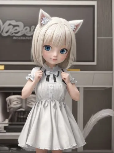 doll cat,dress doll,whitey,piko,white cat,doll dress,female doll,domestic short-haired cat,chibi,anime 3d,3d model,cocoa,artist doll,doll kitchen,nyan,chibi girl,cute cat,fashion doll,fennec,3d render