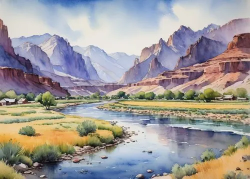 desert landscape,river landscape,desert desert landscape,rio grande river,arid landscape,watercolorist,salt meadow landscape,canyon,zions,daines,red rock canyon,mountain river,watercolor background,mountain landscape,mountainous landscape,riverbeds,mesquite flats,grand canyon,watercolor painting,watercolor,Illustration,Paper based,Paper Based 07