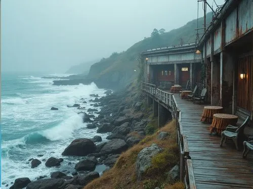 Rugged coastline, rocky shores, crashing ocean waves, sea salt air, beachside promenade, weathered wooden boardwalks, coastal defense systems, storm-resistant buildings, curved lines, reinforced concr