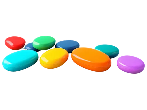 Colorful pills, various shapes, rounded edges, glossy finish, transparent background, PNG format, cartoon style, bright colors, 3D rendering, soft lighting, shallow depth of field, central composition