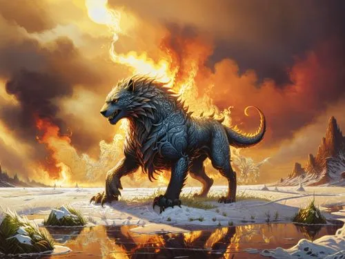 ice and fire,a painting of a dragon on a snowy land,hellhound,pleistocene,cynorhodon,beheira,dragon fire,cataclysm,Illustration,Realistic Fantasy,Realistic Fantasy 25