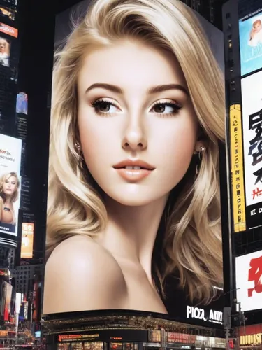 blonde, billboard in Times Square, night, photorealistic,electronic signage,time square,billboard advertising,advertising campaigns,times square,billboard,billboards,women's cosmetics,airbrushed,havan