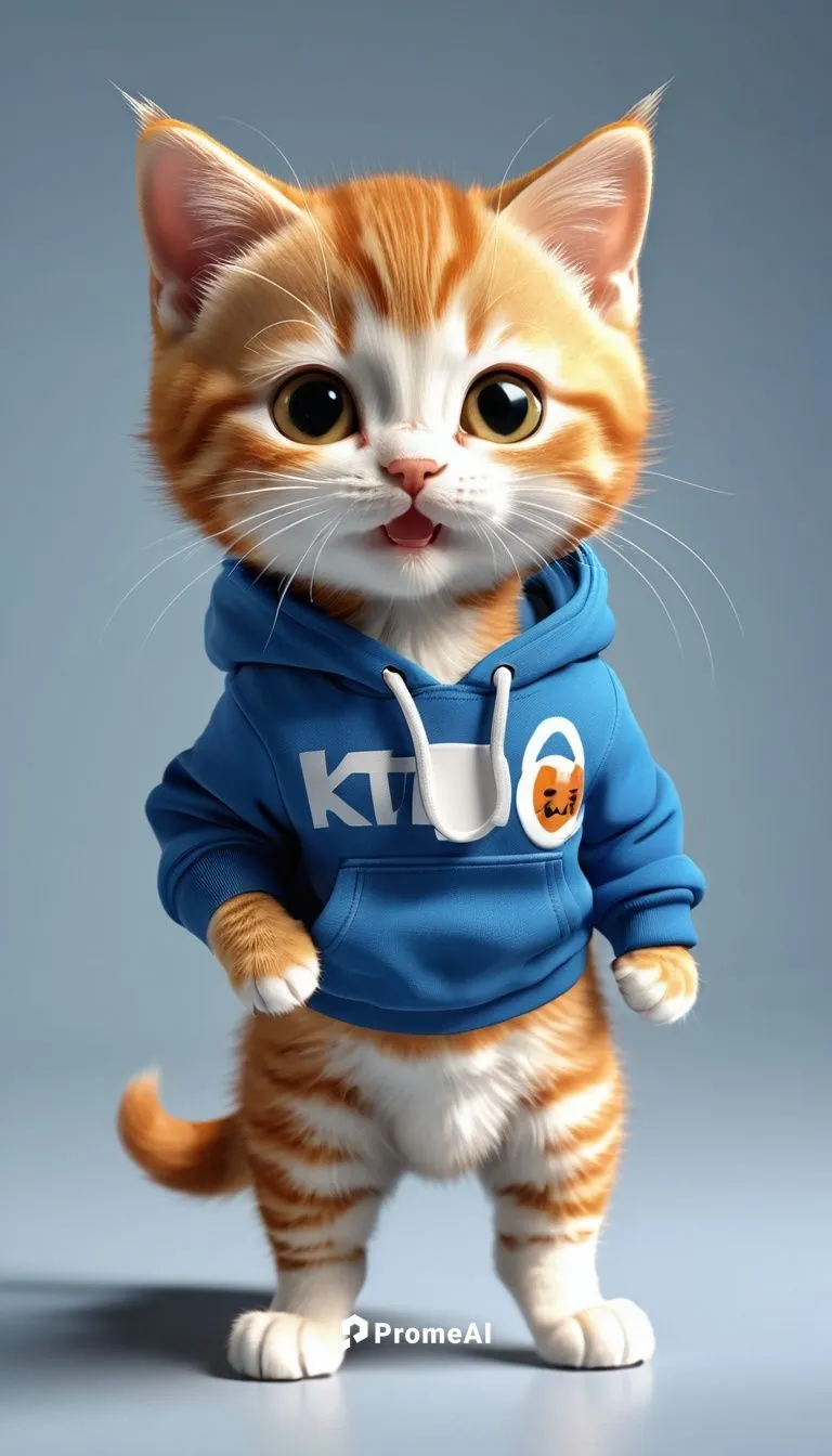 Create an image of a small anthropomorphic orange tabby kitten, about 20 centimeters tall, with a smiling facial expression and upward-curved mouth. The kitten is standing upright and can pose in vari