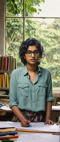 Bangladeshi architecture student, young adult, male/female, casual wear, glasses, messy hair, holding pencil and notebook, standing in front of a large drafting table, surrounded by architectural mode