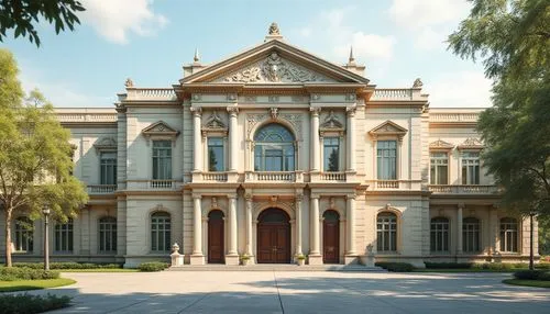 Elegant middle school building, classical fa\u00e7ade design, symmetrical composition, ornate stone carvings, Corinthian columns, arched windows, rusticated base, subtle color palette, beige stonework