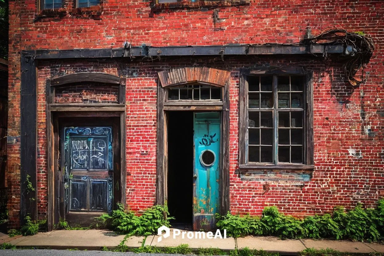 Vintage architectural salvage, Asheville North Carolina, rustic wooden doors, distressed metal signs, antique window frames, reclaimed wood planks, industrial pipes, exposed brick walls, urban decay, 