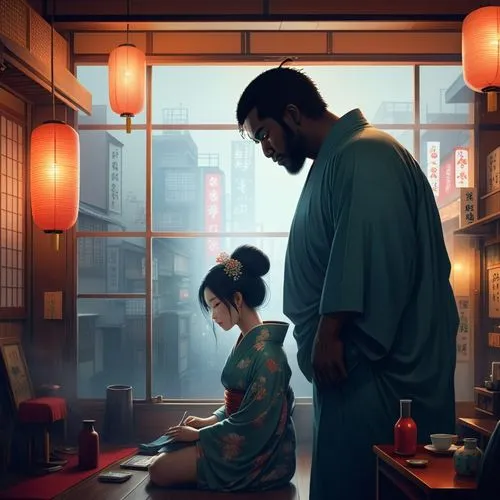 Japanese Concept art, manga style, a  romance between a kimono woman and a tall dark skin Japanese big man  inside a 70's Japanese interior of Shibuya, interior foggy night, Nobuyashi Araki's art,a wo