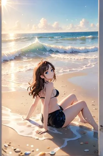 a photography full body of a caucasian girl, brown hair, blue eyes, wearing a black bikini, she is sitting in a beach whit the waves of the sea coming and covering his feet at morning in a beautiful b