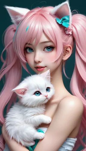 luka,pink cat,kawaii,kittens,doll cat,cat mom,cat kawaii,cat child,kitten,kitsune,kitty,fantasy portrait,nyan,fae,pet,digital painting,mezzelune,anime girl,kat,whitey,Conceptual Art,Fantasy,Fantasy 03