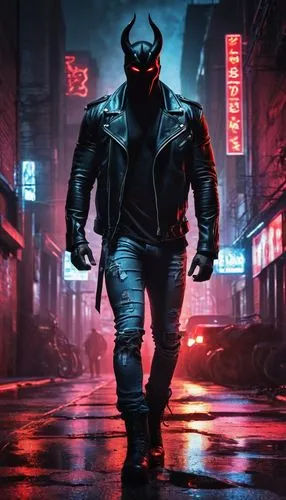 Muscular man, hellish boss, demonic eyes, sharp horns, black leather jacket, ripped jeans, heavy metal boots, confident stance, crossed arms, city street, night scene, neon lights, misty atmosphere, d