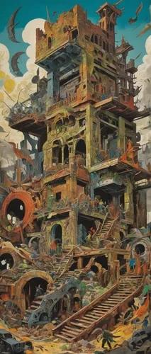 destroyed city,gunkanjima,post-apocalyptic landscape,hashima,ruins,scrapyard,post-apocalypse,post apocalyptic,slum,shirakami-sanchi,ruin,salvage yard,the ruins of the,junkyard,wasteland,destroyed houses,lost place,studio ghibli,panopticon,scrap yard,Art,Artistic Painting,Artistic Painting 38