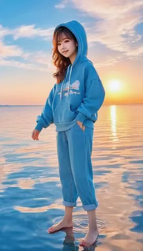 masterpiece, highest quality, movie stills, 1 girl, baggy hoodie、７cropped pants、denim、Sky reflected on the sea surface、mirror-like water surface、Reflective water surface、I can see the ankle、Barefoot、S