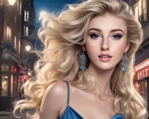 A real-life blonde of Midnight Cinderella in a moonlit urban street, blue dress, flowing hair and dress in the wind, lots of makeup and hairspray like an 80s soft rock chick, dramatic, photorealistic,