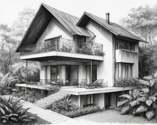 black and white architectural sketch of a simple house with a gable roof reaching to the ground. Vines on the roof covering it completely. ,house drawing,houses clipart,garden elevation,house painting