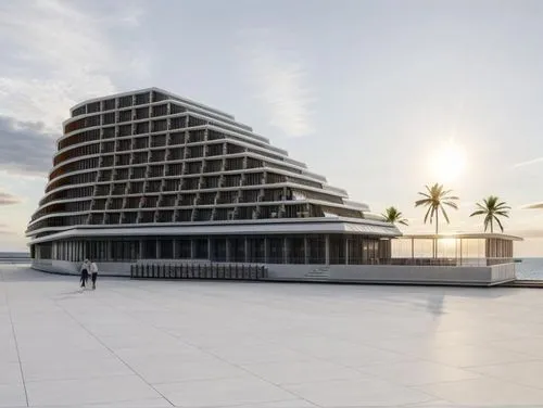 this is A exterior design for a hotel on island 
please add realistic environment and keep the white material in white color
please add palm trees ,jumeirah beach hotel,largest hotel in dubai,hotel ba