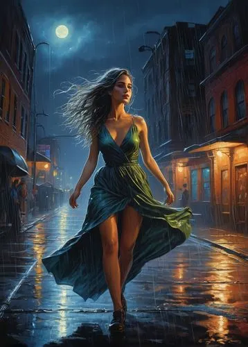 donsky,walking in the rain,girl walking away,monsoon,fantasy picture,rainstorm,Illustration,Realistic Fantasy,Realistic Fantasy 06