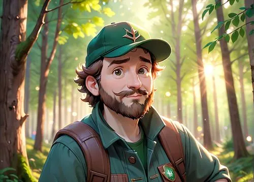 A 45 year old man, he is a forester, he is wearing a cap with a deer logo on it, his beard is chesnuts colored, hes is wearing forester clothes green and brown colored,a cartoon image of a man in a gr