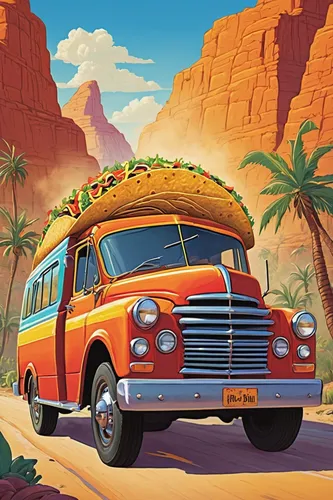 travel trailer poster,vwbus,taco,vw bus,camper van,tacos,campervan,vw camper,desert safari,volkswagenbus,southwestern united states food,vw van,travel van,travel poster,food truck,tex-mex food,dormobile,arizona,sonoran,cheese truckle,Illustration,Children,Children 01