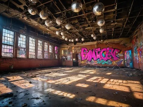 Abandoned industrial building, Atlanta GA, urban decay, broken windows, rusty metal beams, worn brick walls, old wooden floors, distressed concrete columns, peeling paint, faded signs, neglected atmos