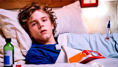 sick boy, lying in bed, messy hair, pale skin, worn-out pajamas, thermometer in mouth, medicine bottles, tissues scattered around, warm lighting, shallow depth of field, cinematic composition, facial 