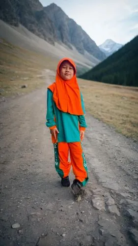 a boy stands on a dirt road wearing a colorful outfit,kyrgystan,mongolian girl,mongolia,perleberg,khunjerab,naadam