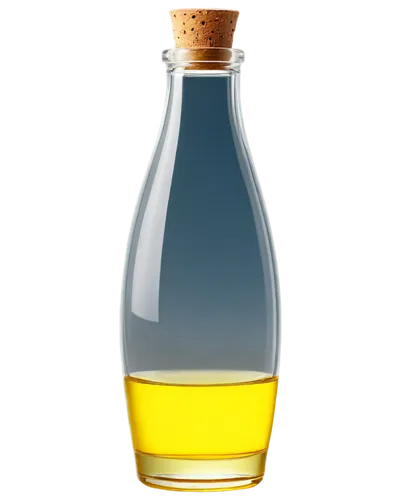 Yellow liquid, transparent glass, rounded bottle shape, narrow neck, water droplets on surface, subtle reflection, shallow depth of field, warm lighting, 3/4 composition, detailed texture, realistic r