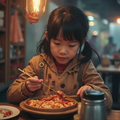 korean cuisine,girl with bread-and-butter,girl with cereal bowl,asian lamp,imaginasian,japanese restaurant