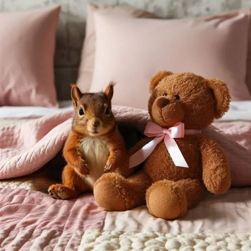 a squirrel sitting on a bed with his teddy bear,cuddly toys,stuffed animals,cuddly toy,valentine bears,soft toys,baby and teddy,cuddling bear,3d teddy,stuffed toys,teddy bears,stuffed animal,tittlemou