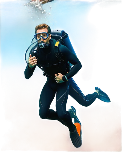 Scuba diver, underwater scene, adult male, muscular build, wearing scuba gear, oxygen tank on back, diving mask on face, swimfins on feet, wetsuit with orange and blue stripes, exploring coral reef, s