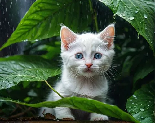 cat with blue eyes,blue eyes cat,cute cat,white cat,blue eyes,cat on a blue background,turkish angora,kitten,in the rain,rain cats and dogs,baby blue eyes,blossom kitten,stray kitten,european shorthair,blue eye,palm kitten,rainy day,turkish van,ginger kitten,heterochromia,Photography,General,Natural