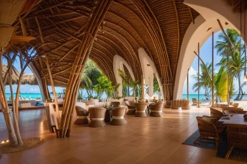 THATCHED ROOF MALDIVES LUXURIOUS RESORT ON BEACHFRONT WITH SAND , THATCHED ROOF FINISH, 8k ultra realistic,beach restaurant,thatch umbrellas,beach bar,over water bungalows,moorea,iberostar,thai cuisin