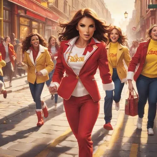 a group of vibrant spice girls, dressed in vibrant red and white spice coats, gather on a bright yellow street in a brightly lit room. They each run towards a small crowd of children, laughing and pla