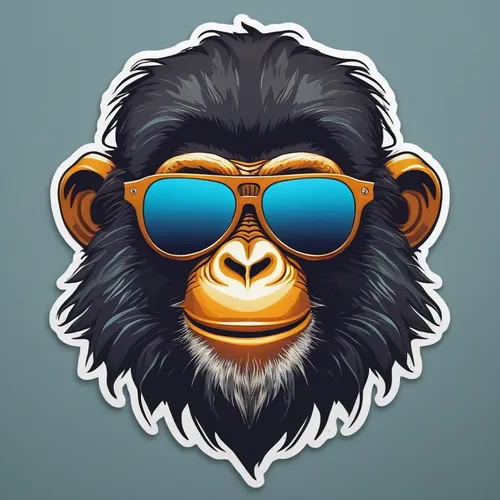 Design a funny sticker with a goofy monkey wearing sunglasses,chimp,chimpanzee,monkey,monkeys band,primate,ape,gorilla,the monkey,barbary monkey,vector illustration,monkey gang,skype icon,great apes,b