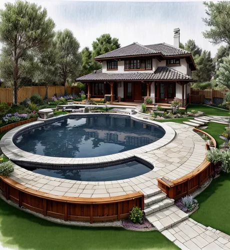 Gardening plan with Barcelona style house , leaf shaped pond, Small circular area, pine-tree, blue print drawing, water colour printed paper. Technical dimensions and caution , boundary with materials