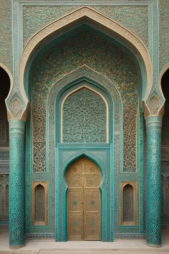 Traditional Persian architecture, Iranian mosque, intricate Islamic patterns, arches, domes, minarets, turquoise tiles, golden ornaments, carved stonework, intricate mosaics, ornate doors, grand entra