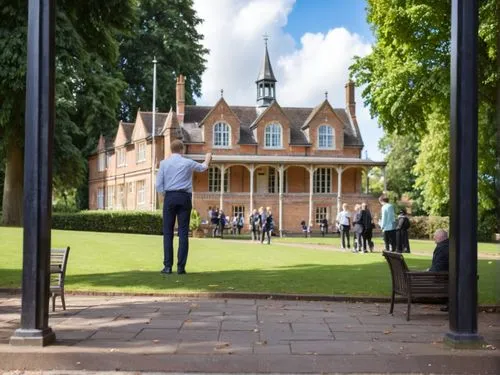 Transform the famous drawing by Bill Denny “Malvern College, House Nr. 7” into a contemporary, high-resolution black and white photo in an impressive way.,a large building with some people sitting aro